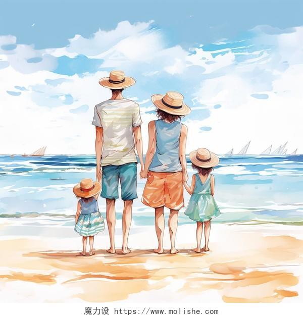 一家四口身穿夏装背影海边度假卡通水彩AI插画亲子旅游沙滩夏天